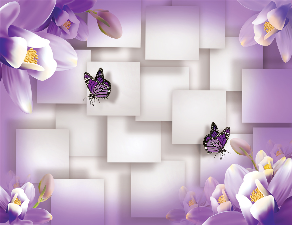 Fotobehang witte bloemen en vlinders zijn zichtbaar op een abstracte lila achtergrond