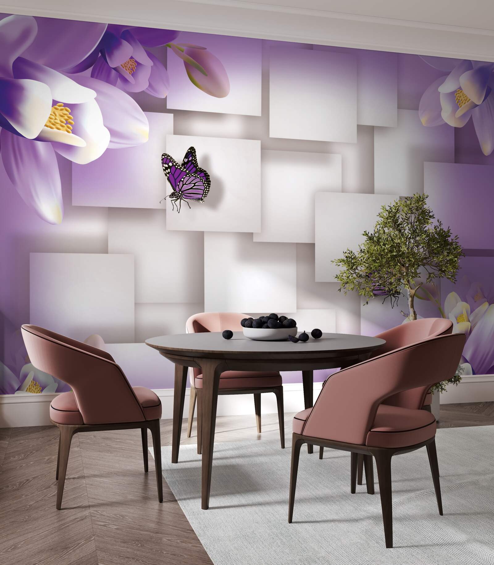 Fotobehang witte bloemen en vlinders zijn zichtbaar op een abstracte lila achtergrond