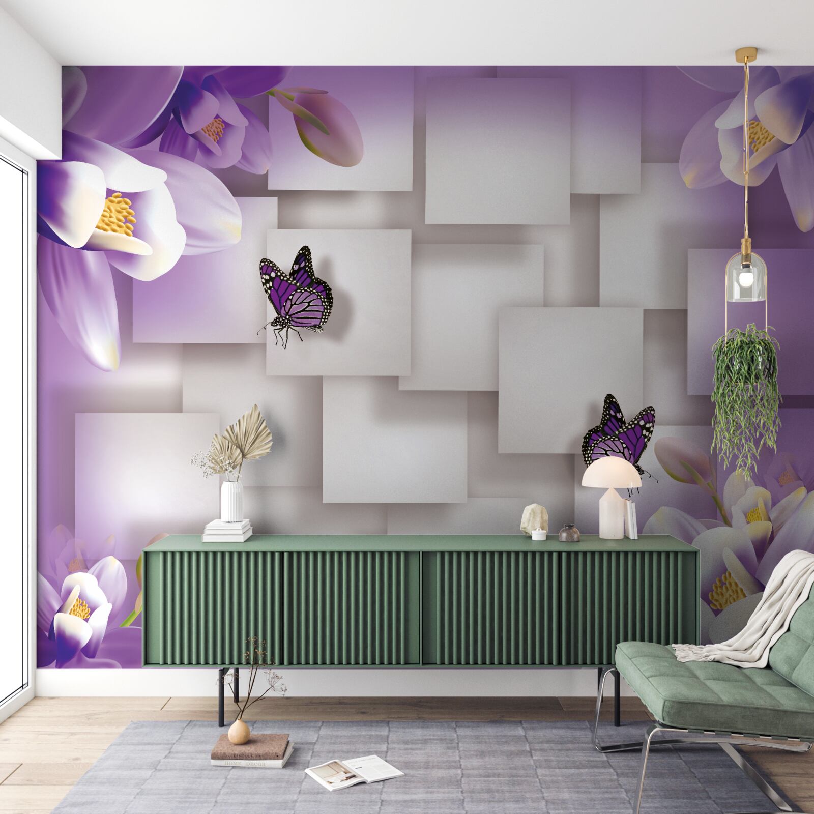 Fotobehang witte bloemen en vlinders zijn zichtbaar op een abstracte lila achtergrond