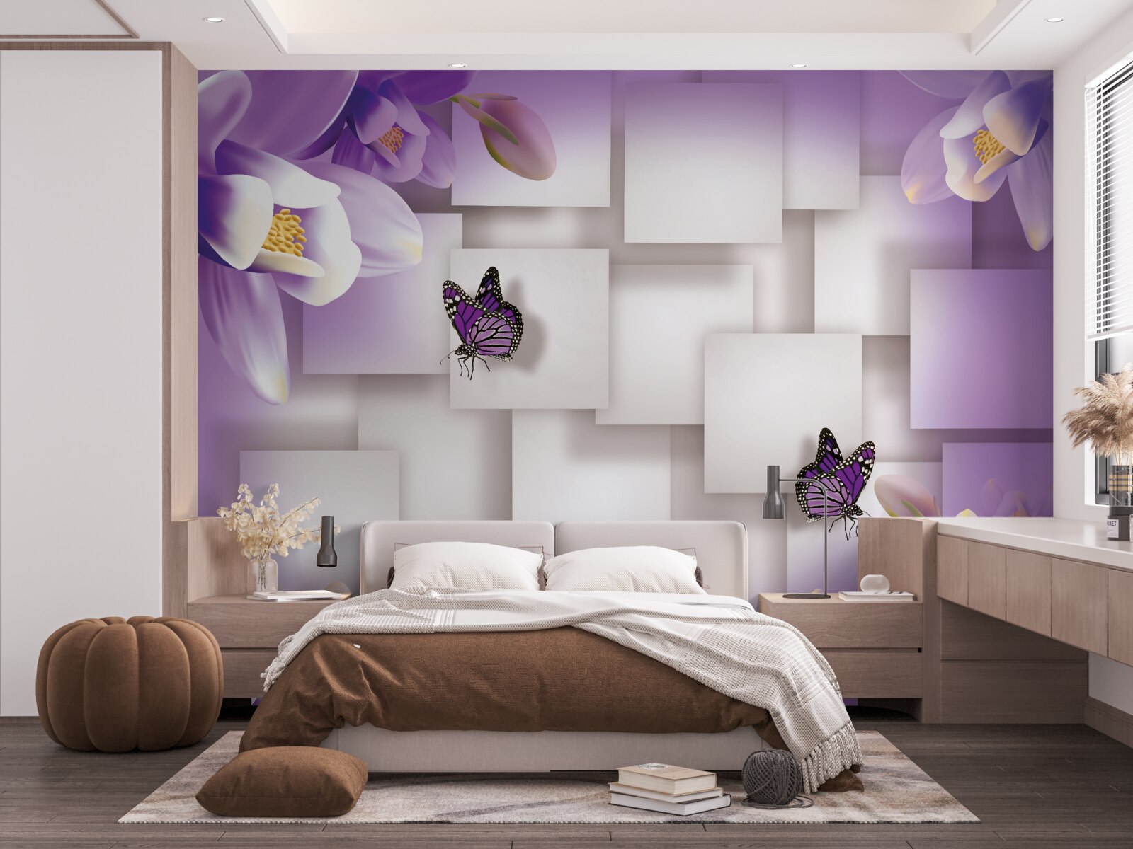 Fotobehang witte bloemen en vlinders zijn zichtbaar op een abstracte lila achtergrond