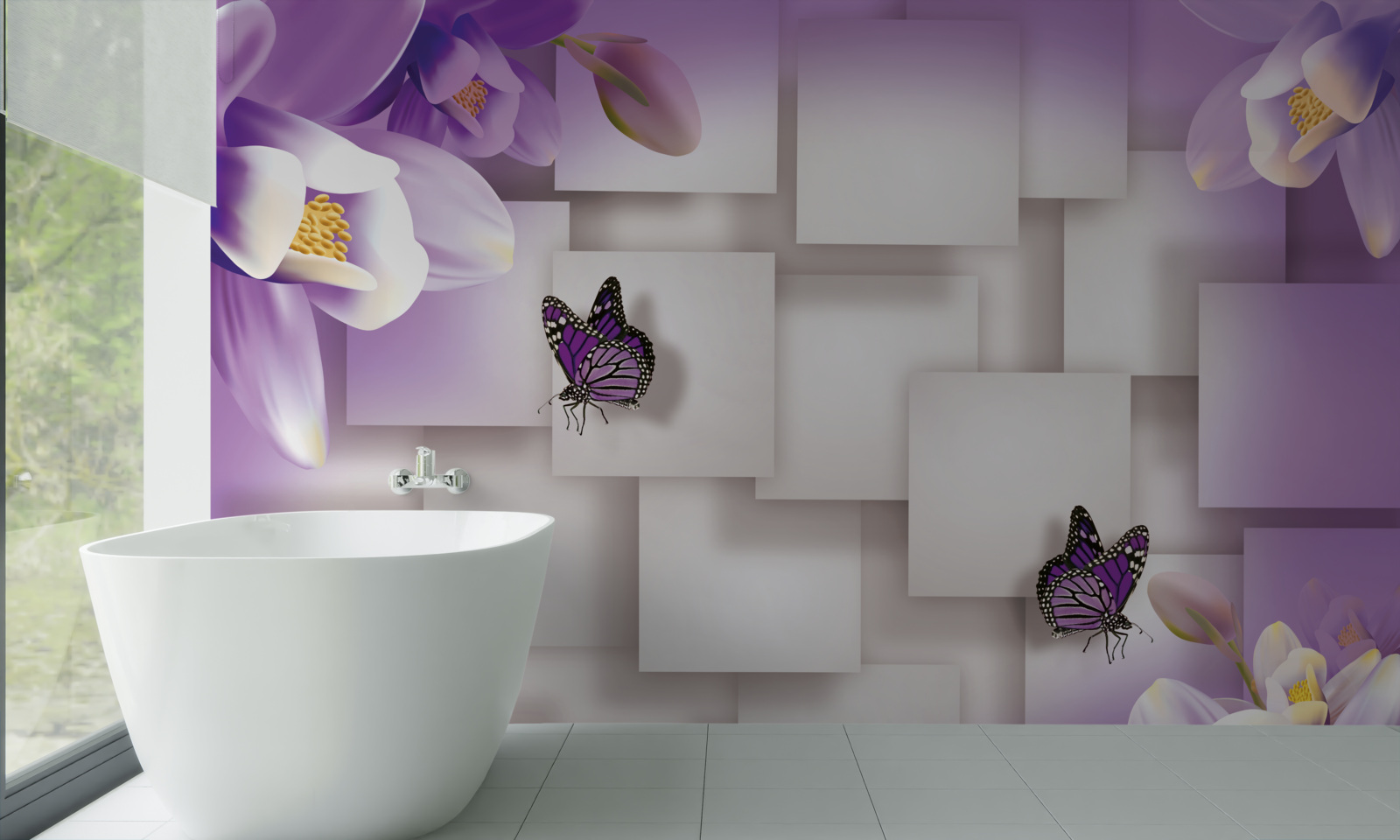 Fotobehang witte bloemen en vlinders zijn zichtbaar op een abstracte lila achtergrond