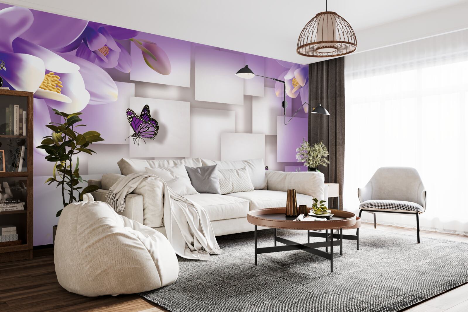 Fotobehang witte bloemen en vlinders zijn zichtbaar op een abstracte lila achtergrond