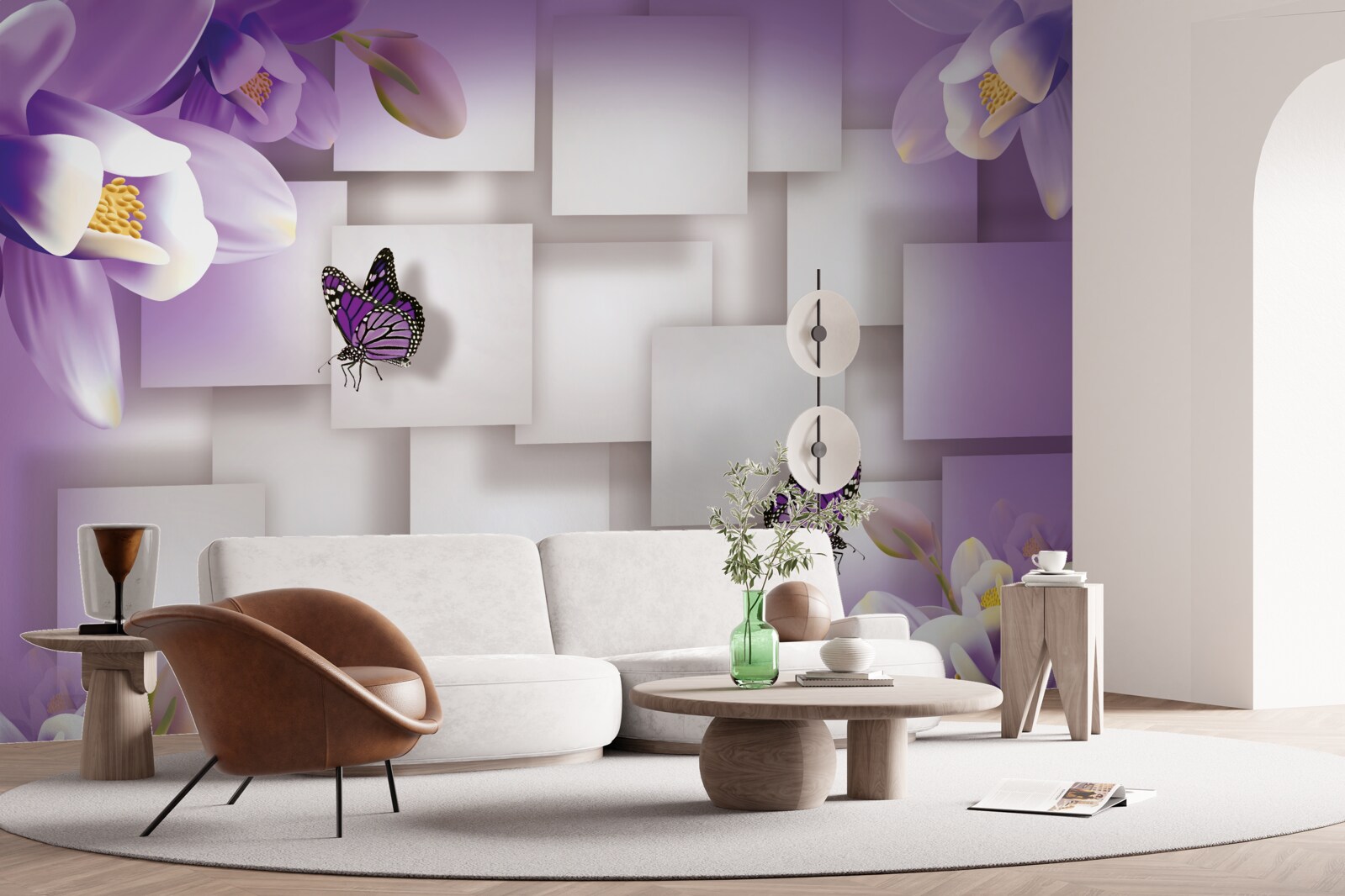 Fotobehang witte bloemen en vlinders zijn zichtbaar op een abstracte lila achtergrond