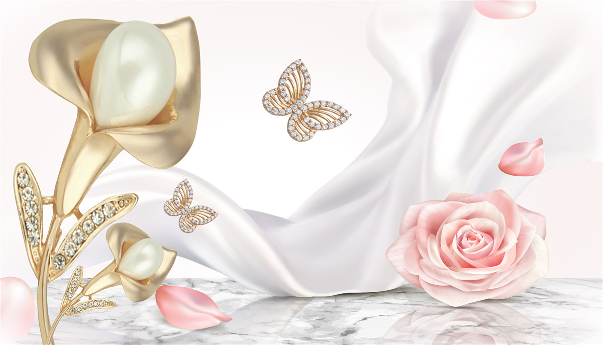 Fotobehang parels gezet in goud op zijden stof met rozen