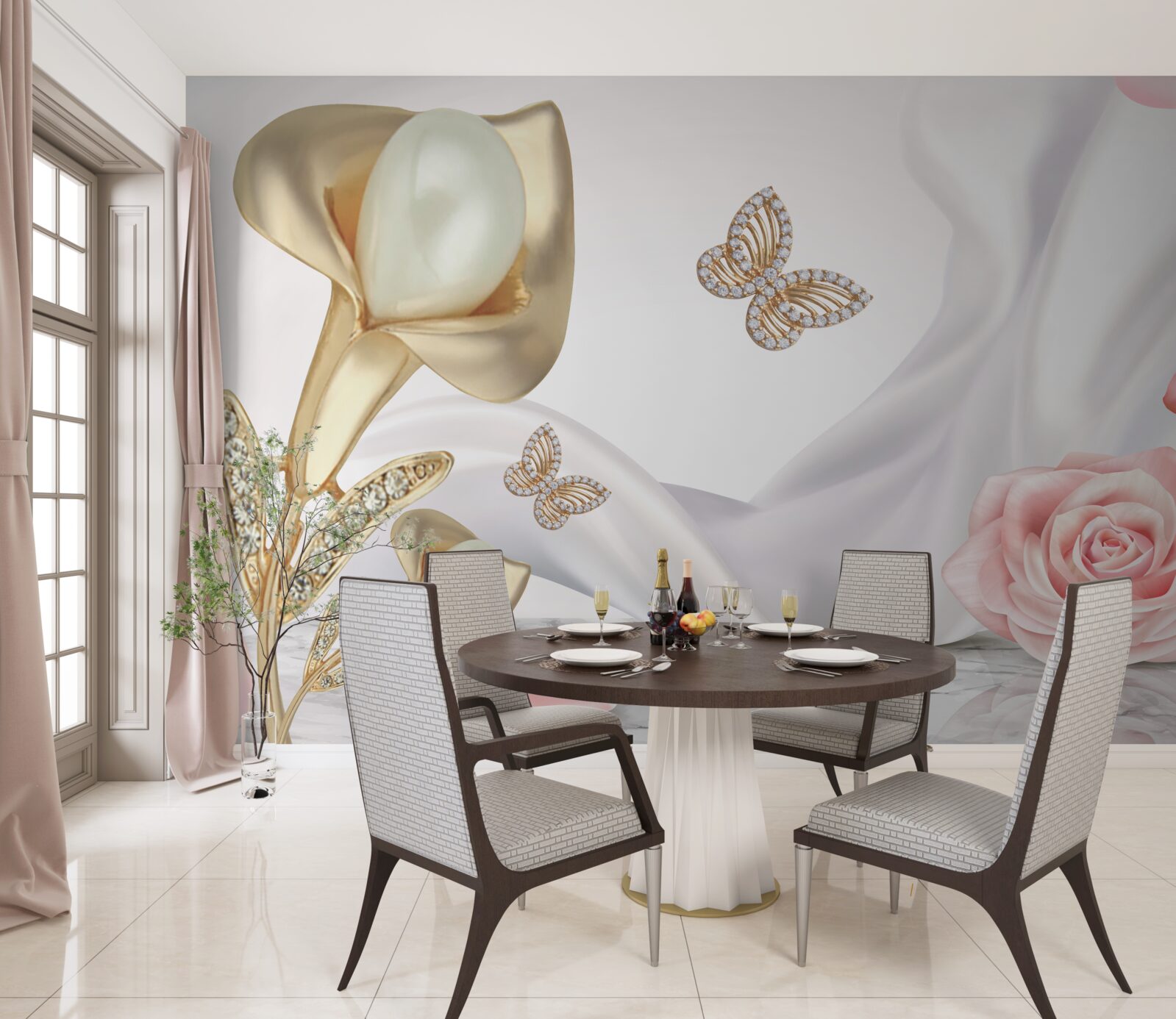 Fotobehang parels gezet in goud op zijden stof met rozen