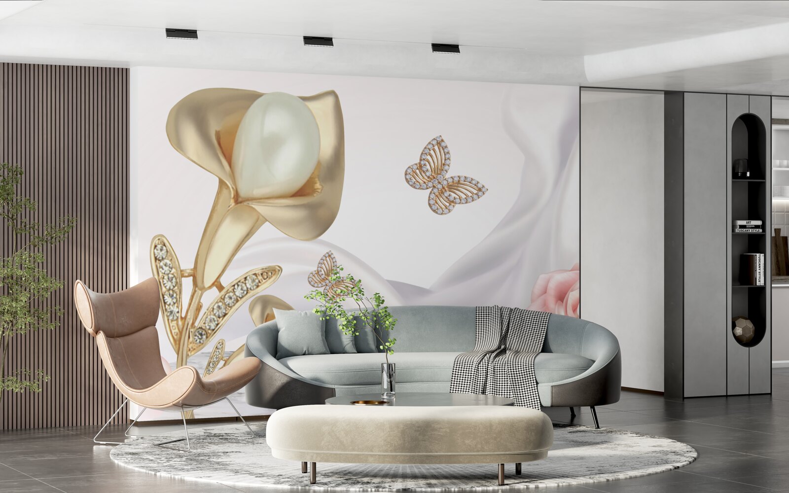 Fotobehang parels gezet in goud op zijden stof met rozen