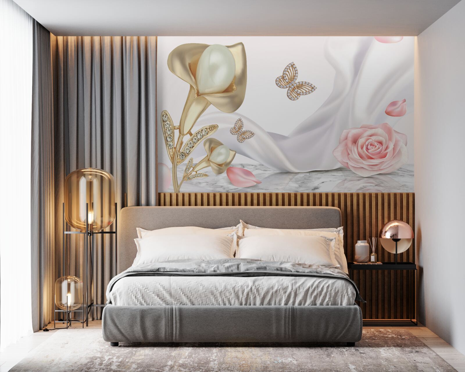 Fotobehang parels gezet in goud op zijden stof met rozen