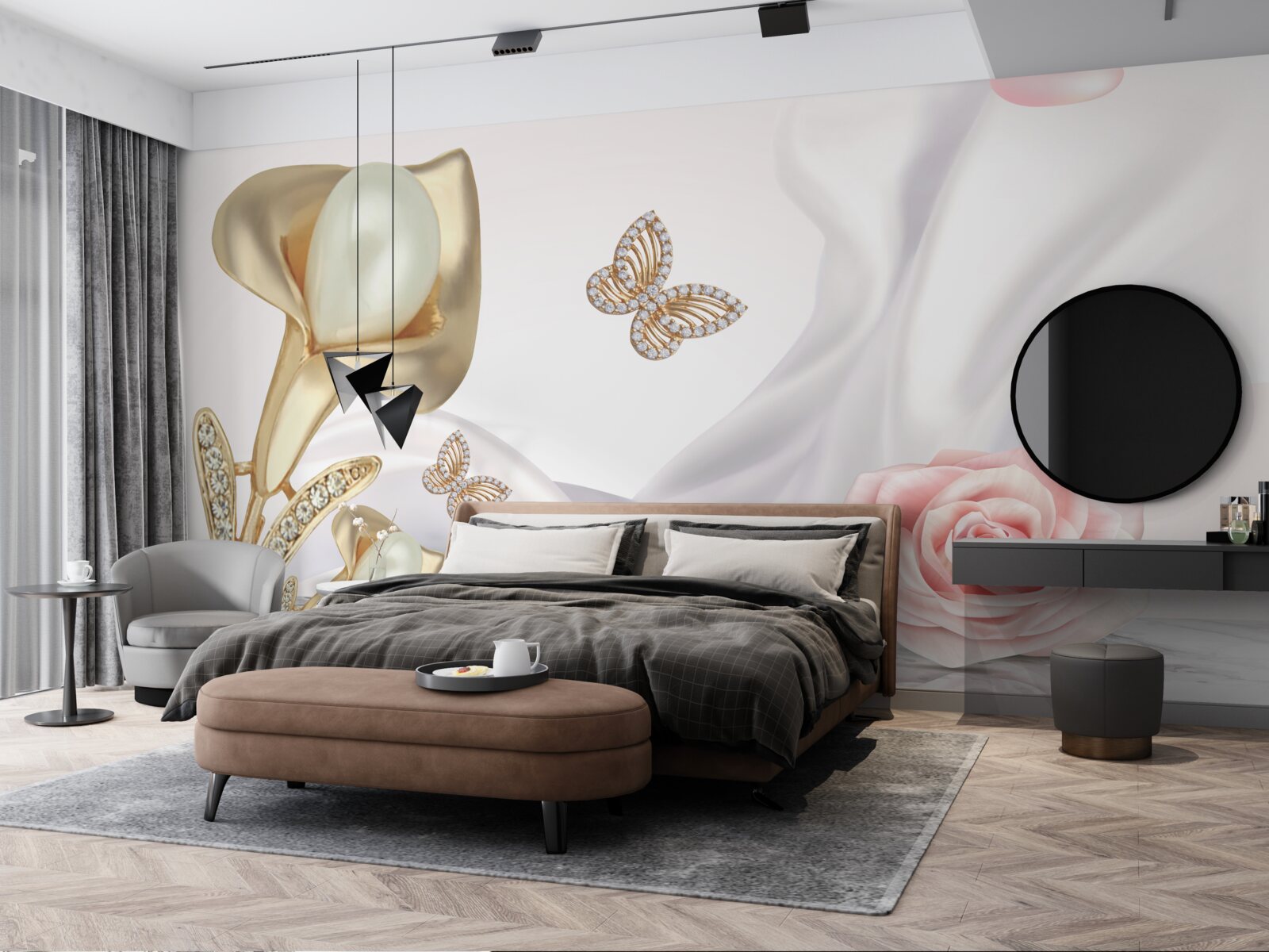 Fotobehang parels gezet in goud op zijden stof met rozen