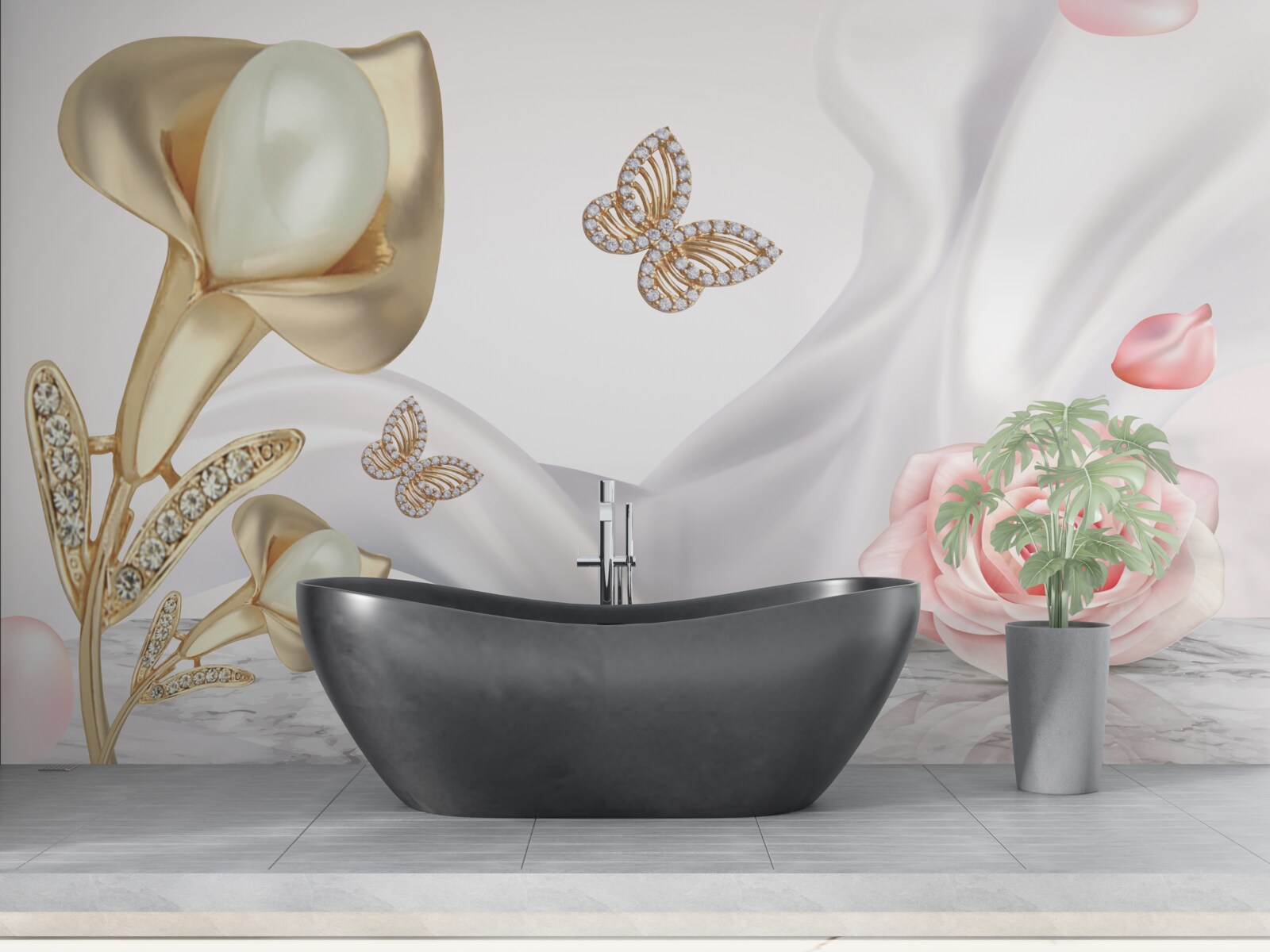 Fotobehang parels gezet in goud op zijden stof met rozen