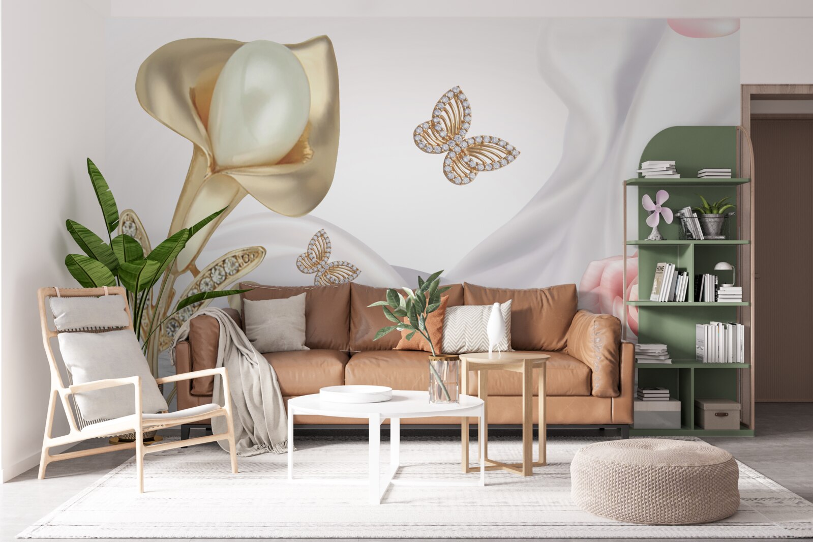 Fotobehang parels gezet in goud op zijden stof met rozen