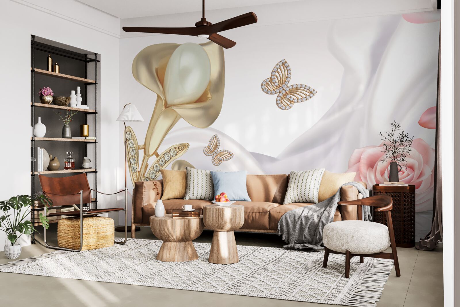 Fotobehang parels gezet in goud op zijden stof met rozen