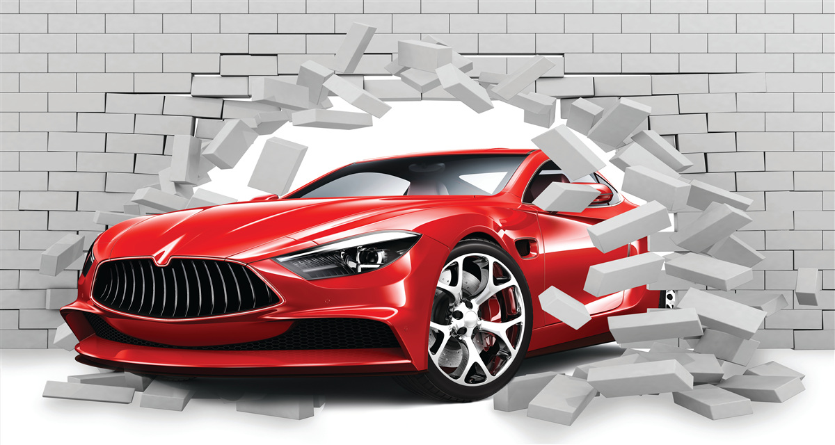 Fotobehang rode auto slaat bakstenen muur in