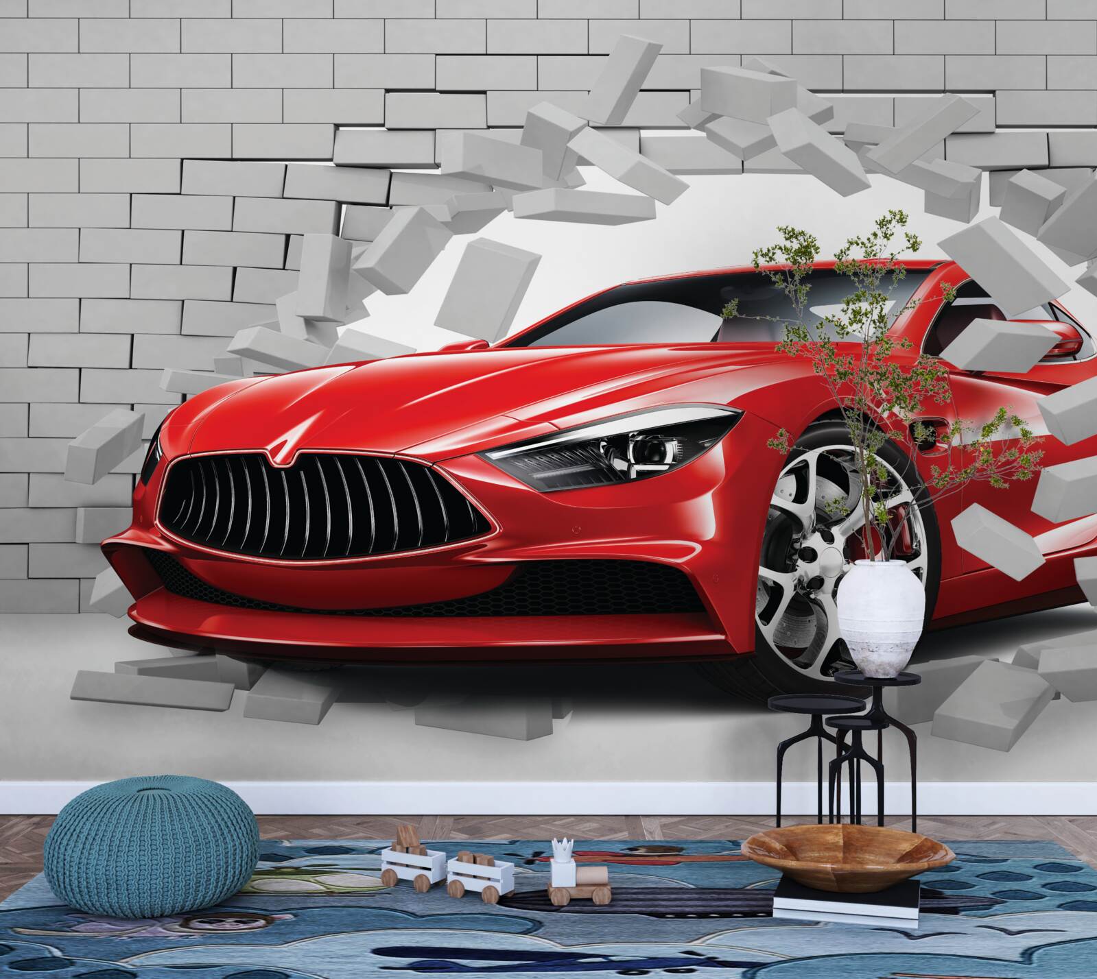 Fotobehang rode auto slaat bakstenen muur in