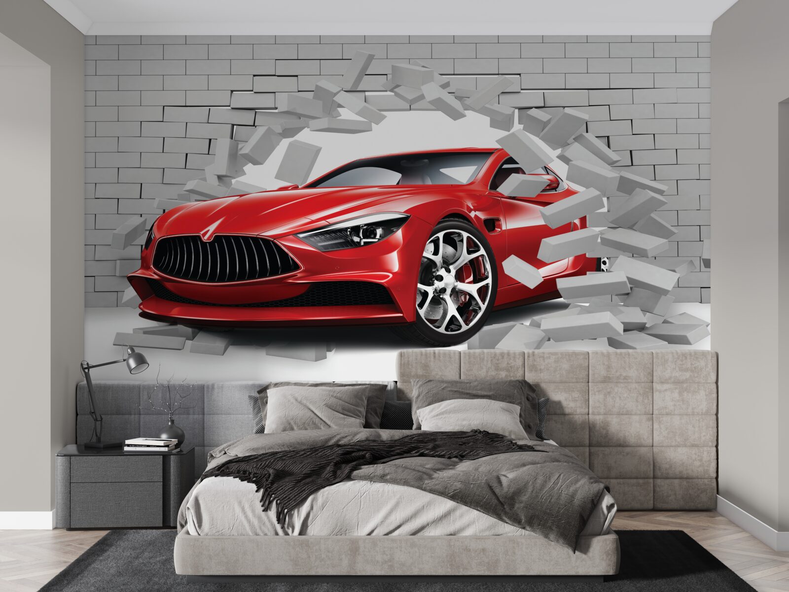 Fotobehang rode auto slaat bakstenen muur in