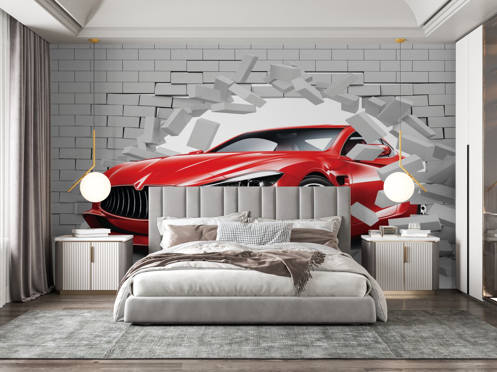 Fotobehang rode auto slaat bakstenen muur in