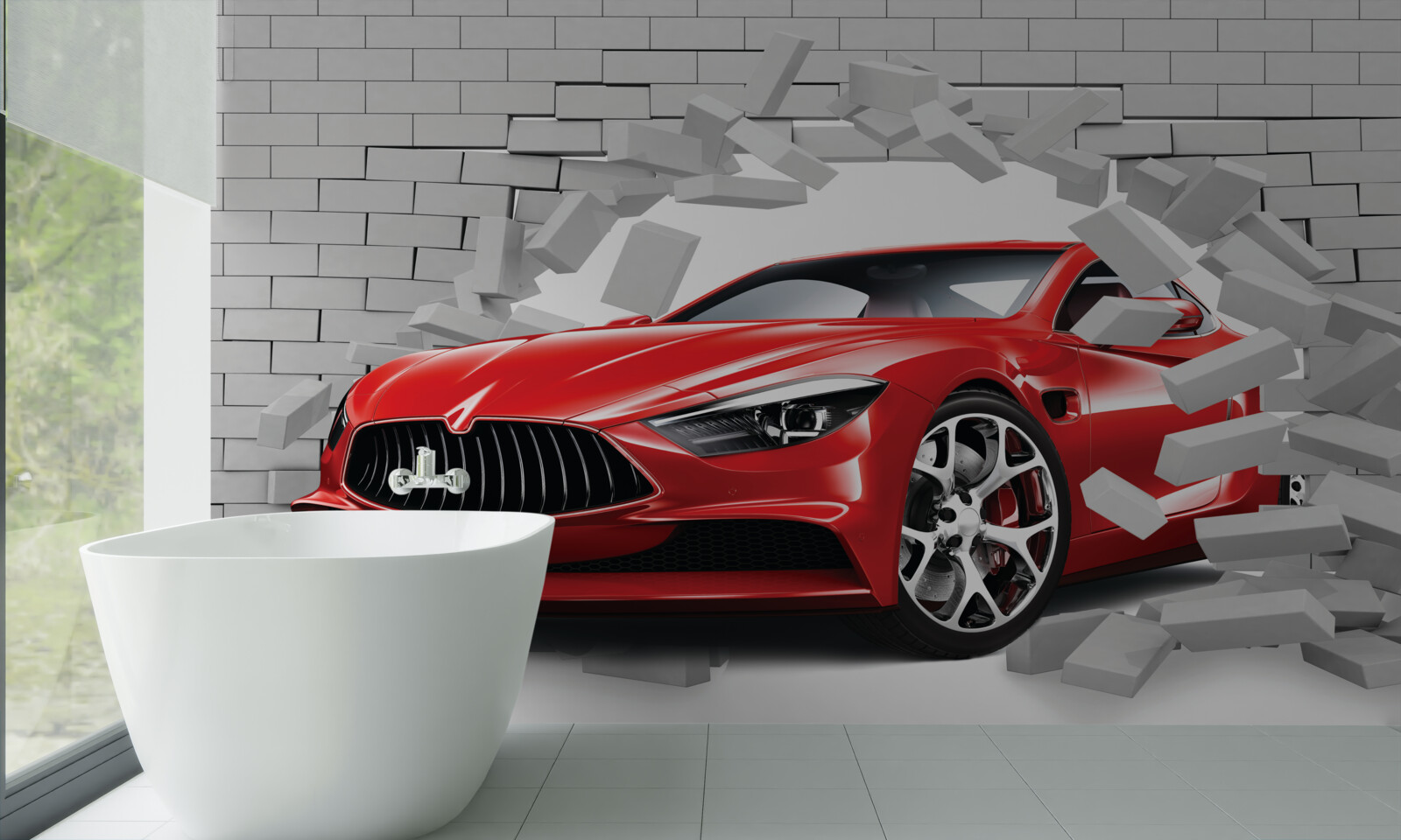 Fotobehang rode auto slaat bakstenen muur in