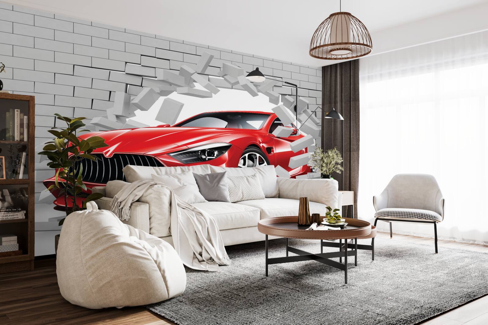 Fotobehang rode auto slaat bakstenen muur in