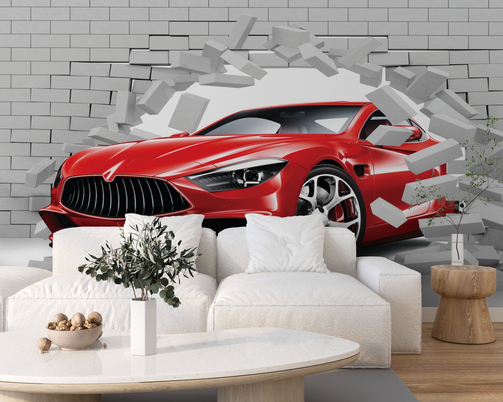 Fotobehang rode auto slaat bakstenen muur in