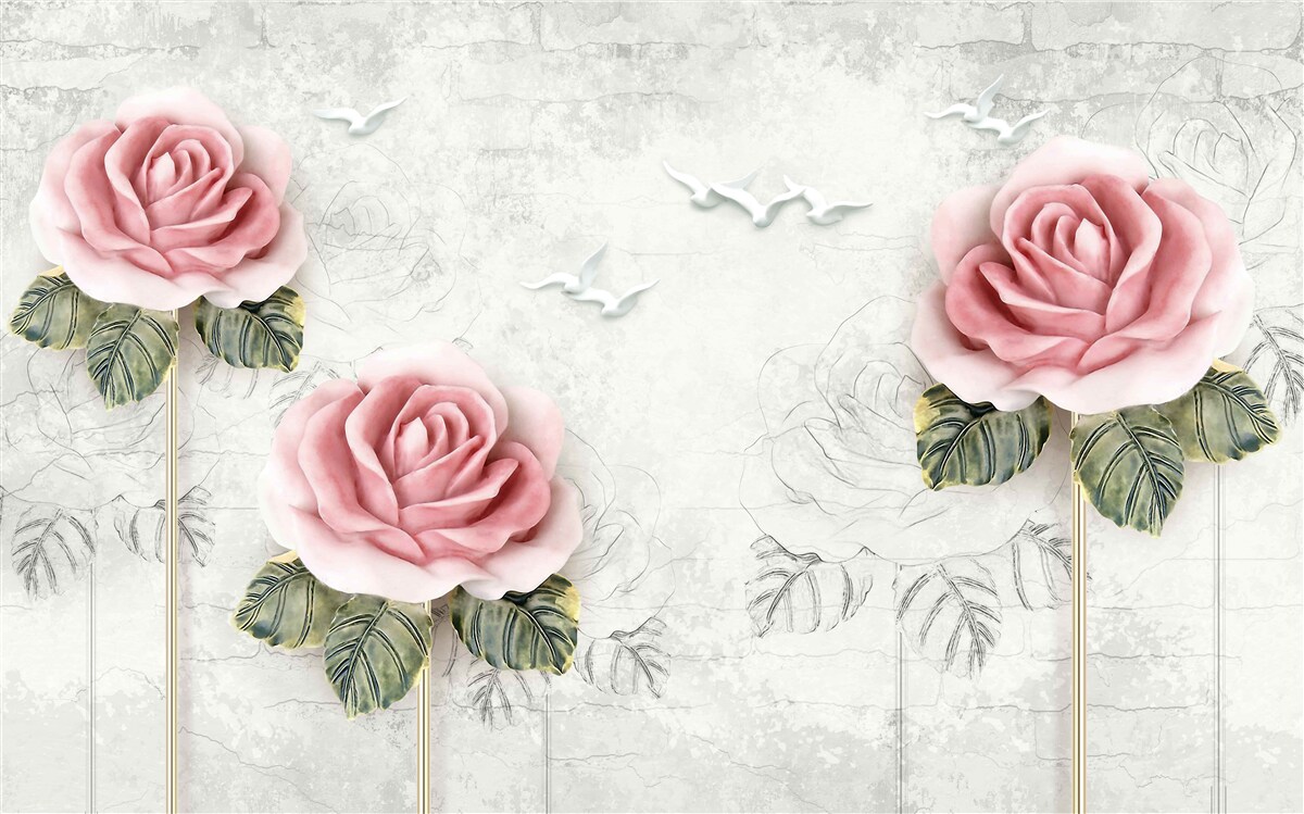 Fotobehang slanke scharlakenrode roos en sneeuwwitte meeuwen