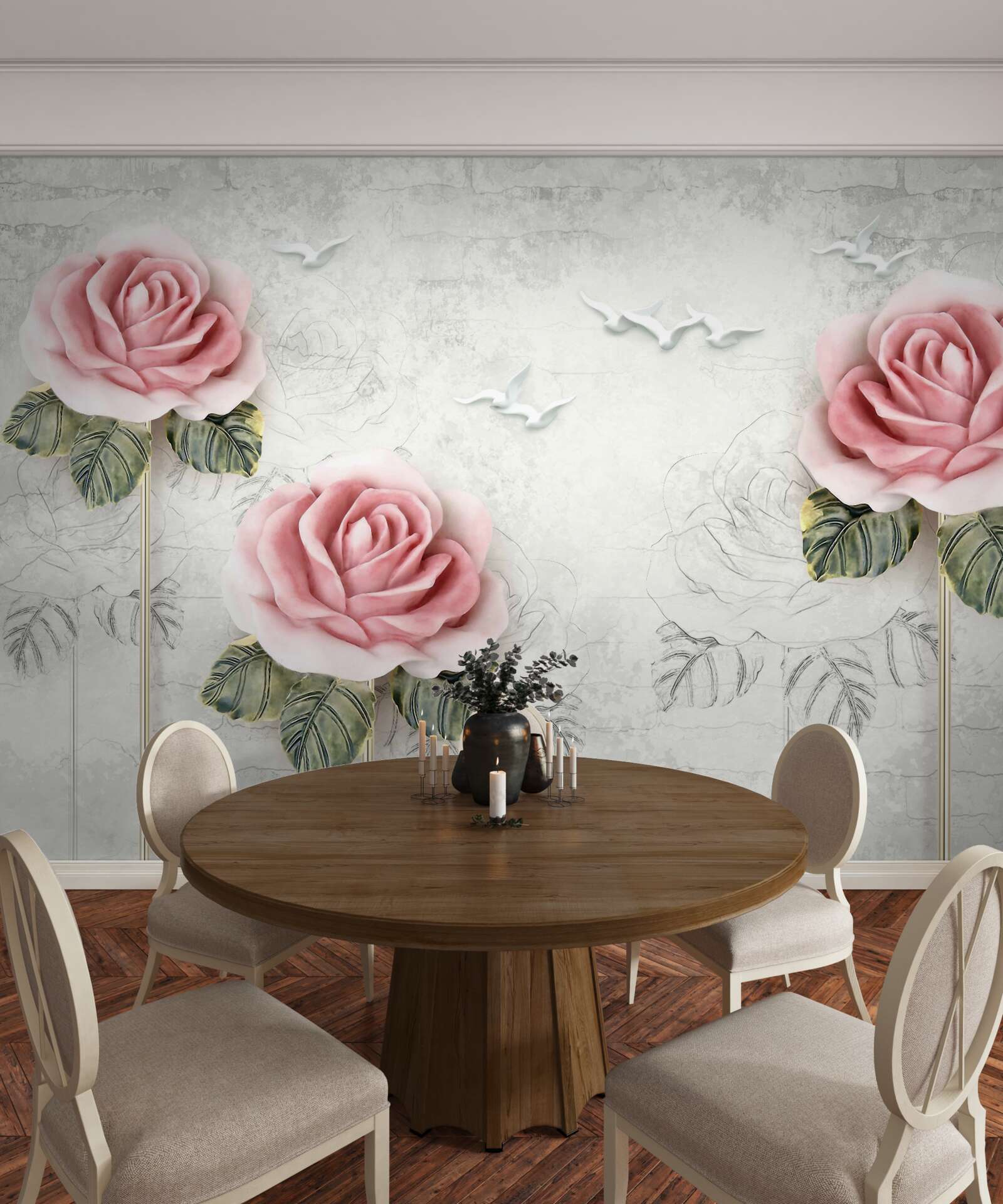 Fotobehang slanke scharlakenrode roos en sneeuwwitte meeuwen