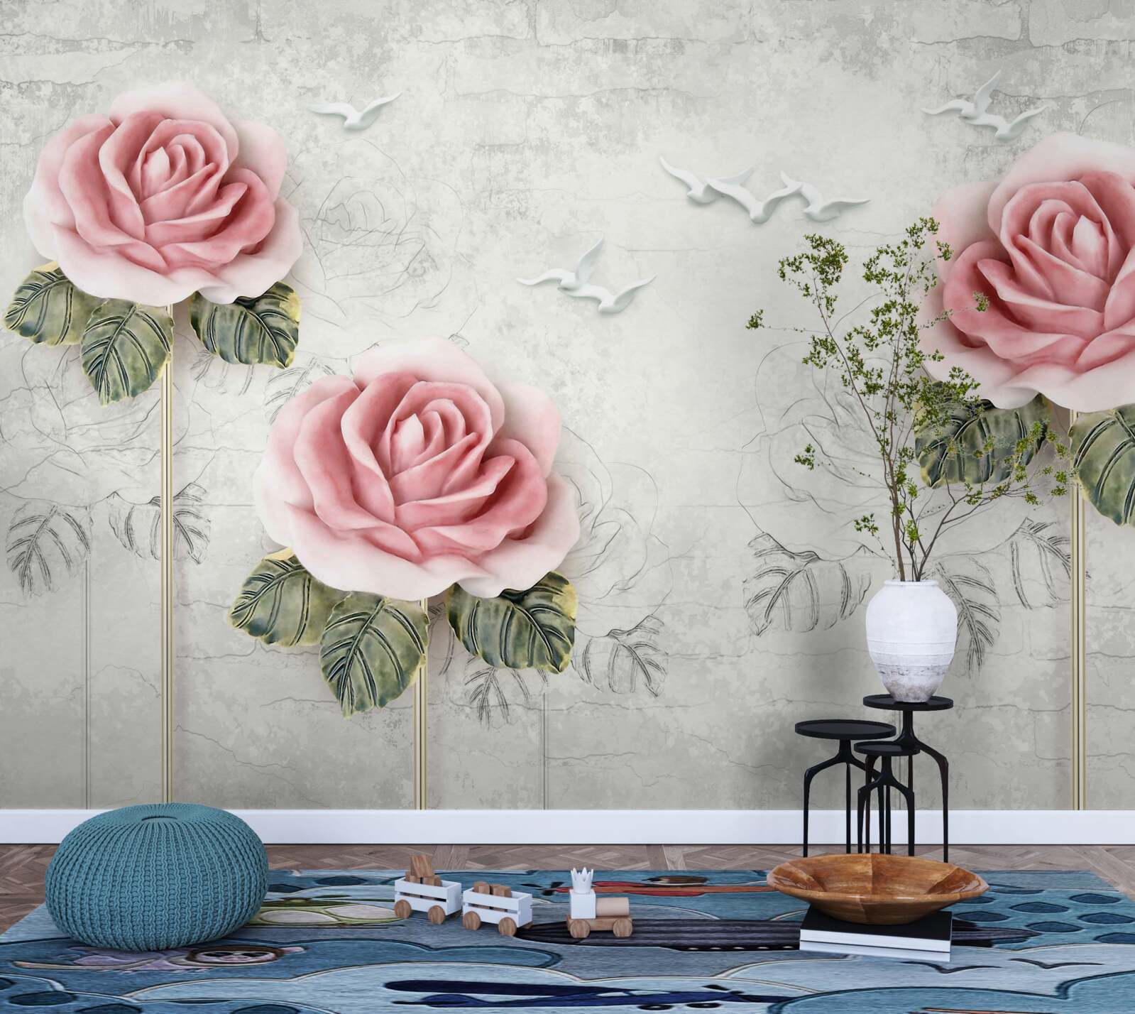 Fotobehang slanke scharlakenrode roos en sneeuwwitte meeuwen