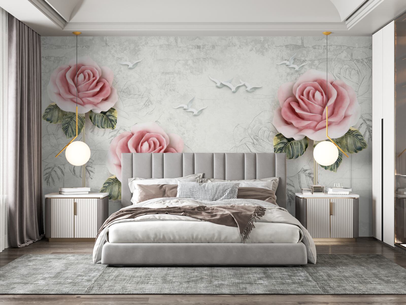 Fotobehang slanke scharlakenrode roos en sneeuwwitte meeuwen