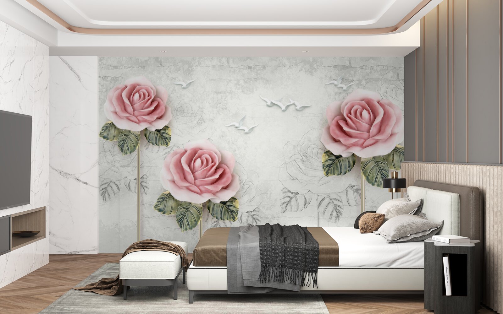 Fotobehang slanke scharlakenrode roos en sneeuwwitte meeuwen