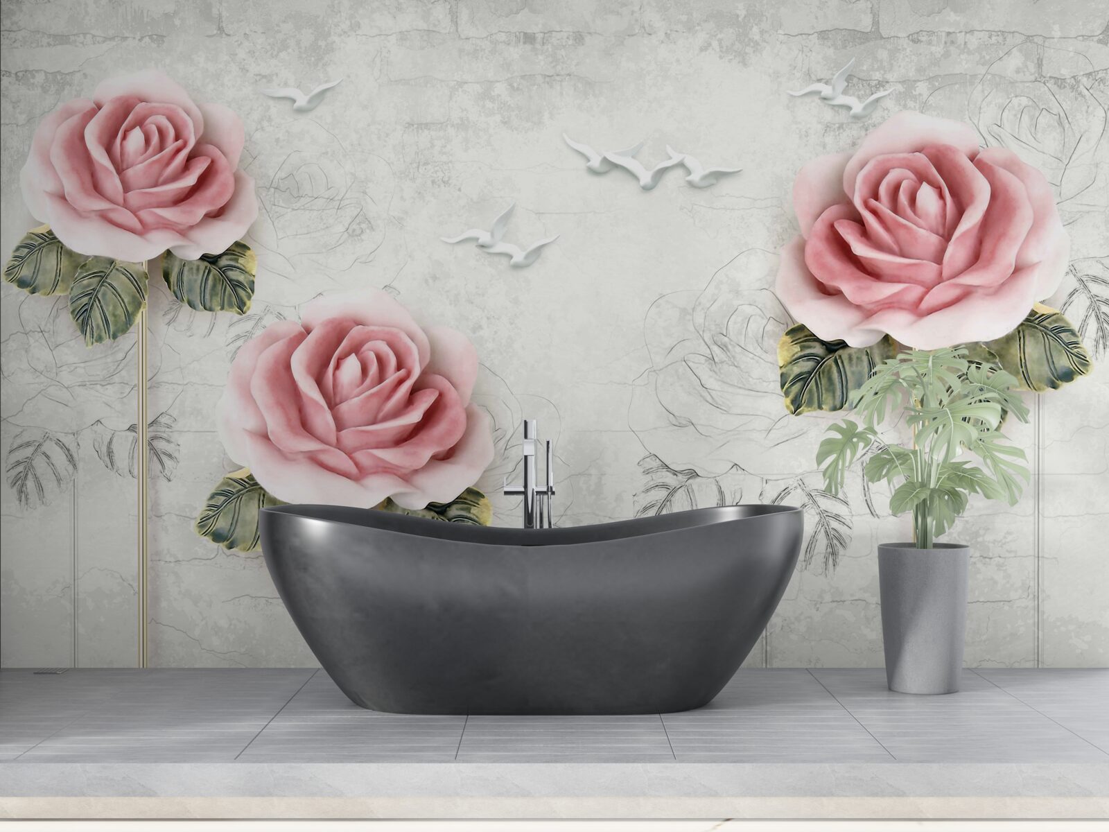 Fotobehang slanke scharlakenrode roos en sneeuwwitte meeuwen