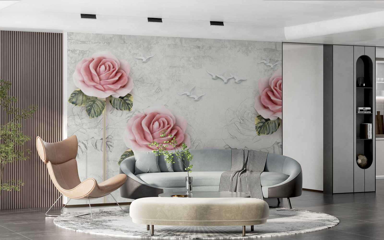 Fotobehang slanke scharlakenrode roos en sneeuwwitte meeuwen