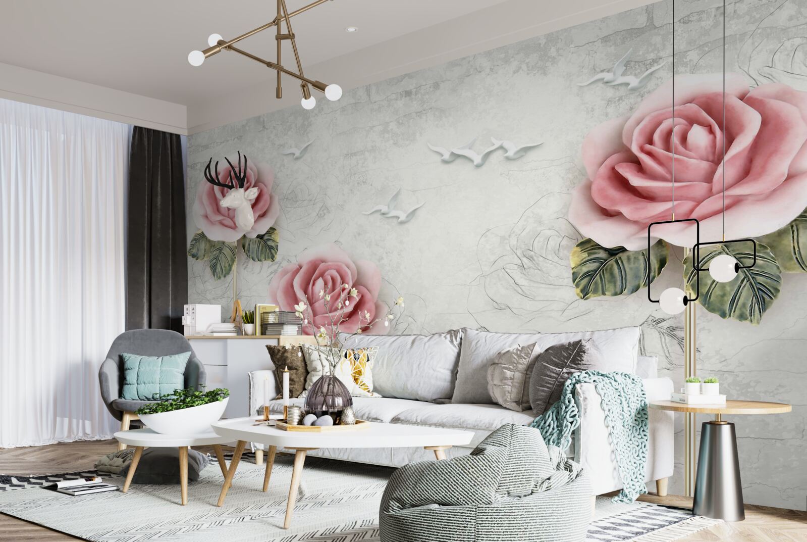 Fotobehang slanke scharlakenrode roos en sneeuwwitte meeuwen