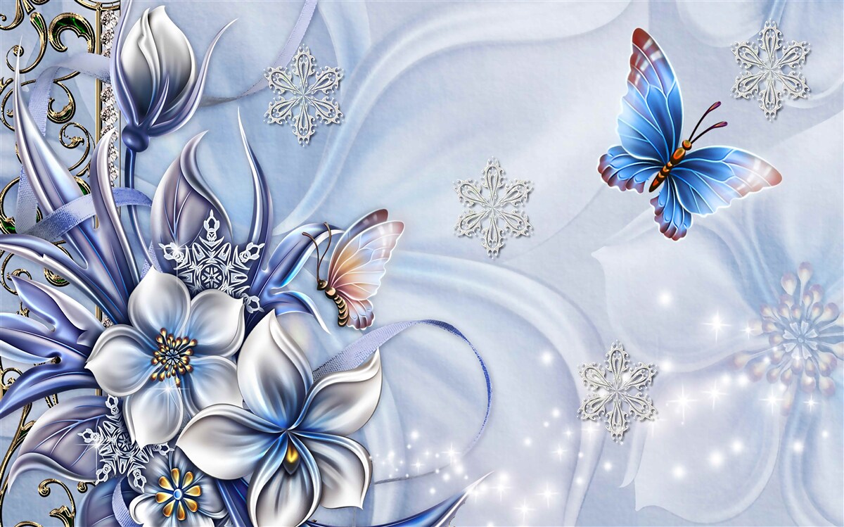 Fotobehang vlinders vliegen over sneeuwblauwe bloemen