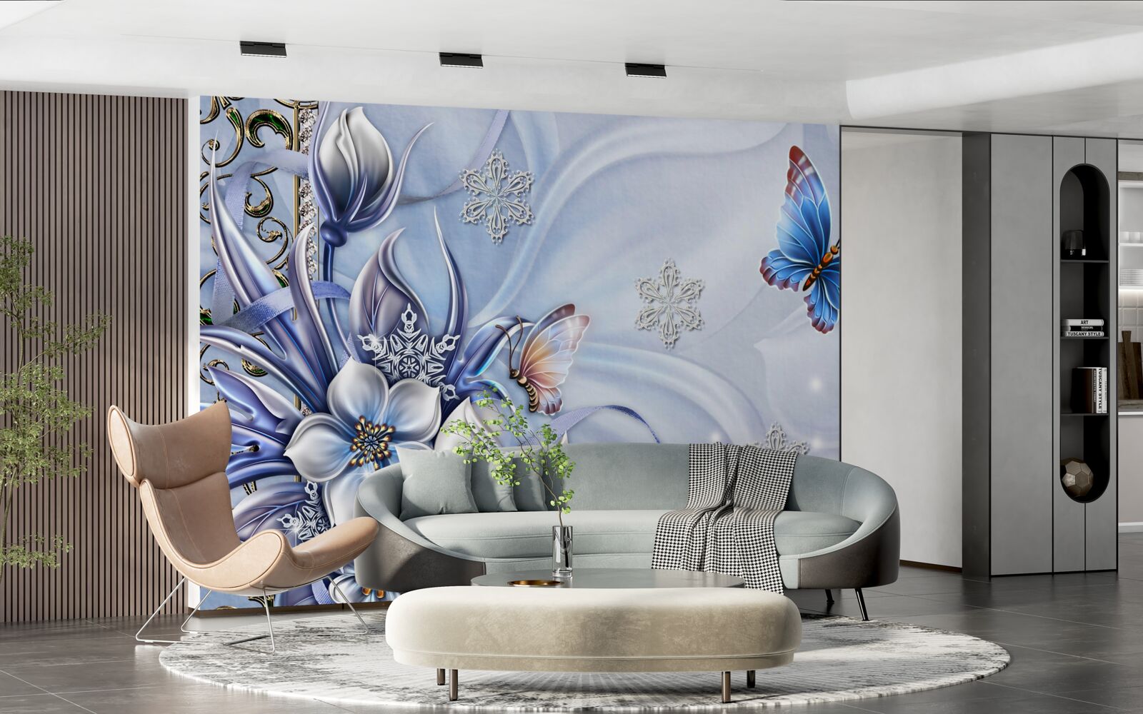 Fotobehang vlinders vliegen over sneeuwblauwe bloemen