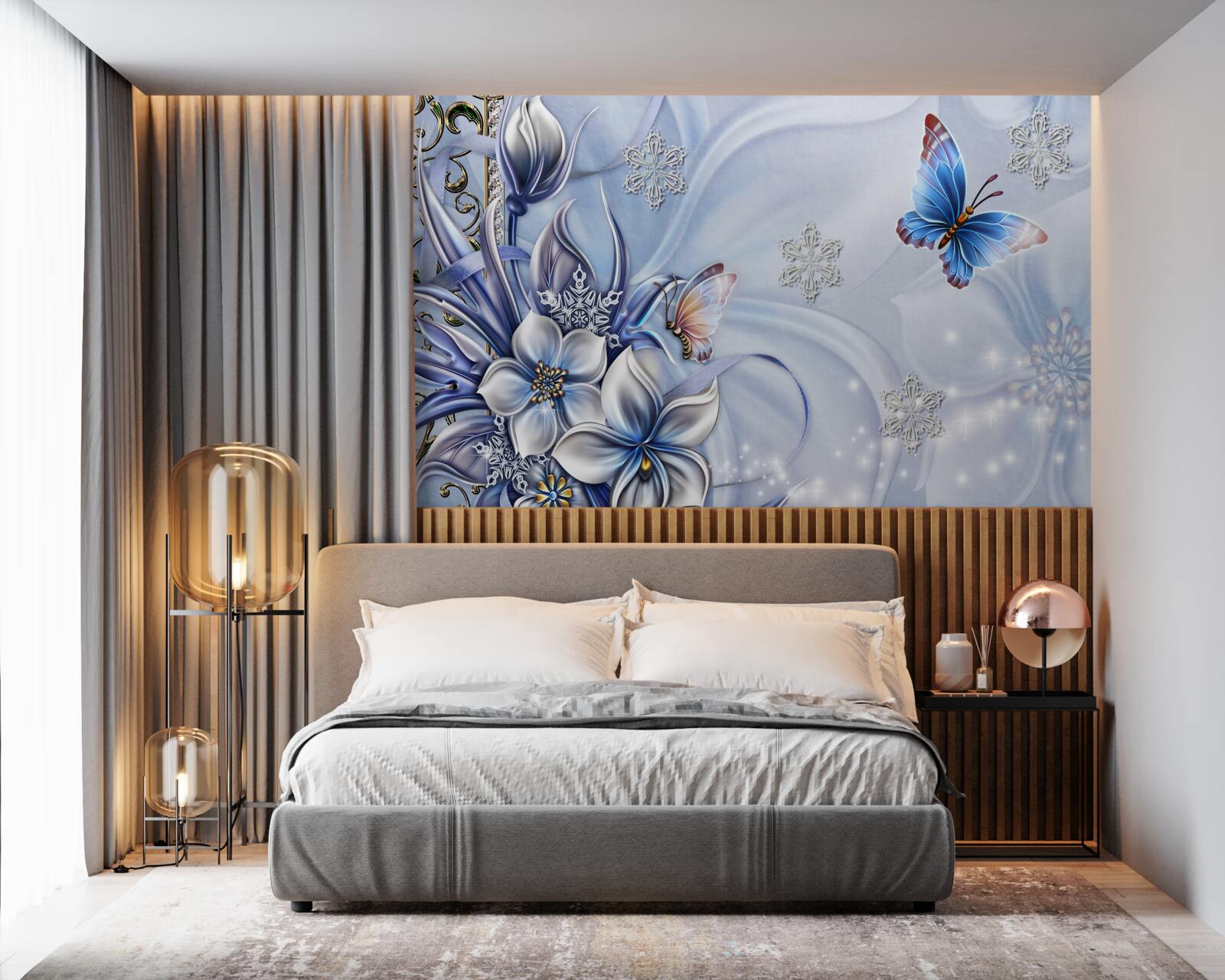 Fotobehang vlinders vliegen over sneeuwblauwe bloemen