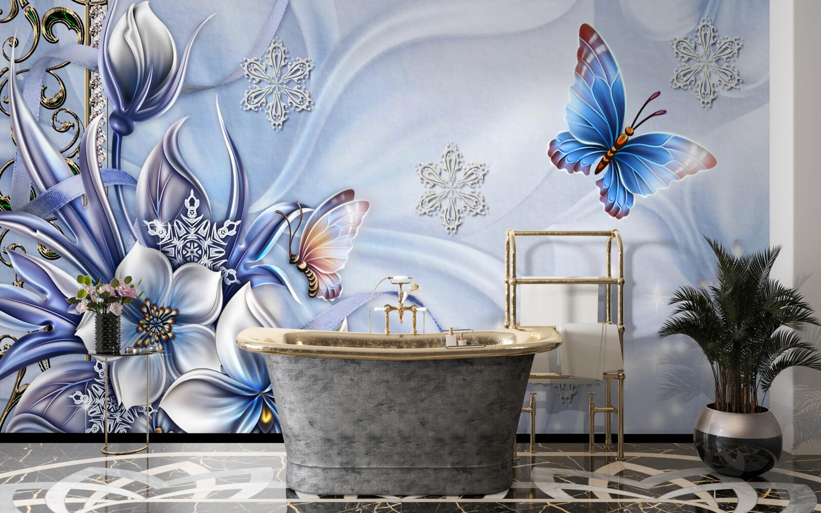 Fotobehang vlinders vliegen over sneeuwblauwe bloemen