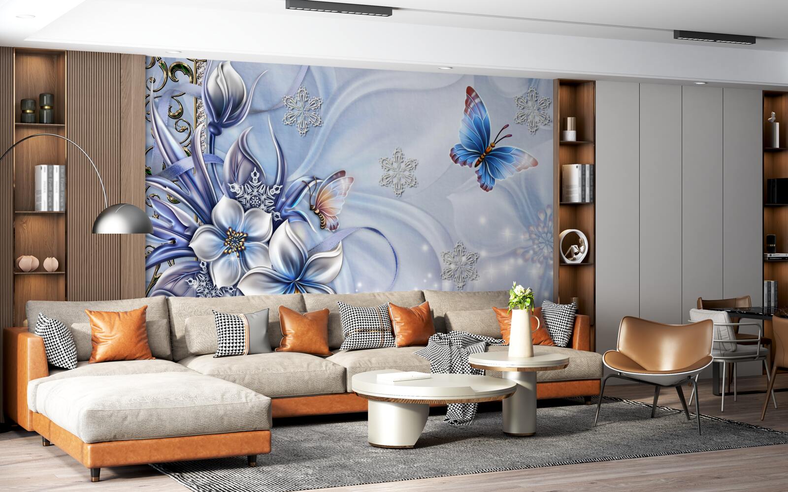 Fotobehang vlinders vliegen over sneeuwblauwe bloemen