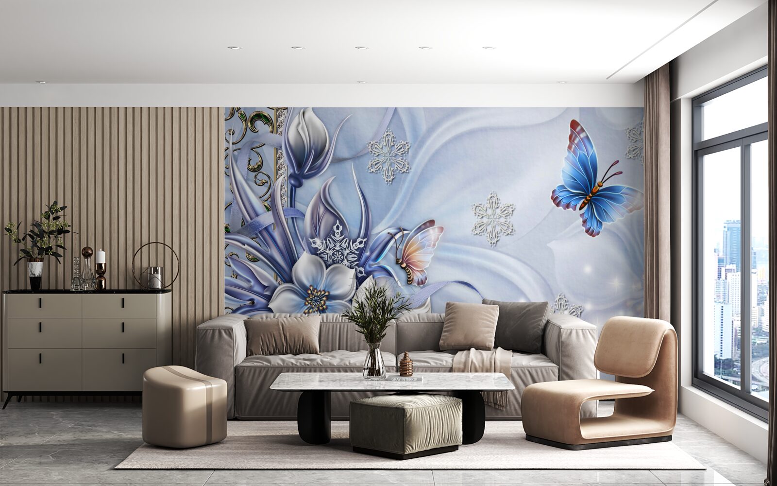 Fotobehang vlinders vliegen over sneeuwblauwe bloemen