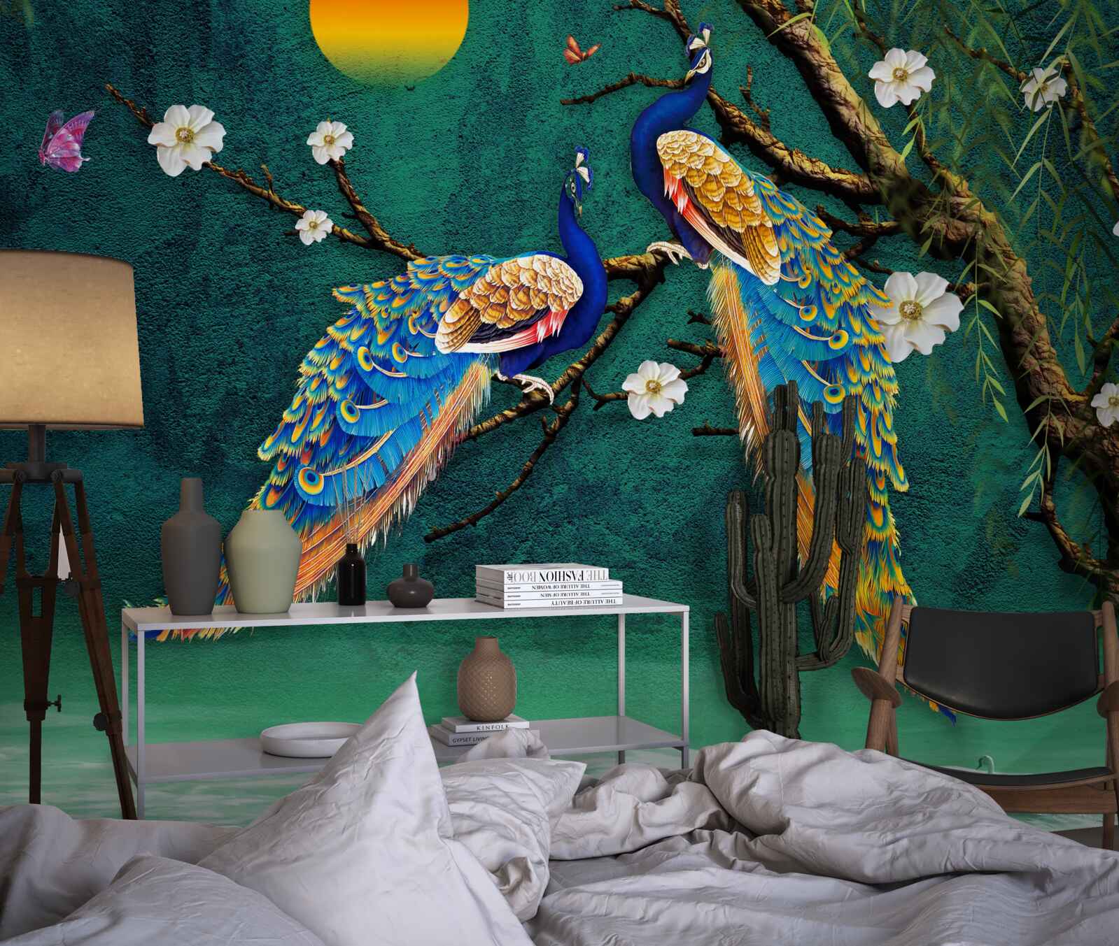 Fotobehang bij zonsondergang maken pauwen roepende geluiden