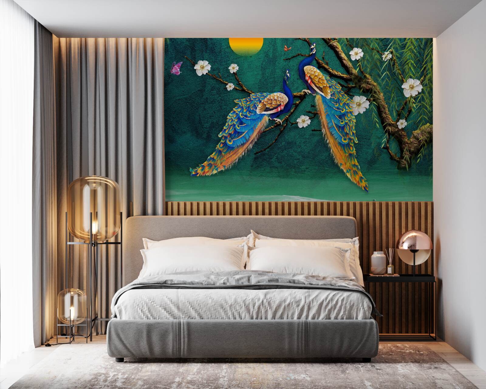 Fotobehang bij zonsondergang maken pauwen roepende geluiden