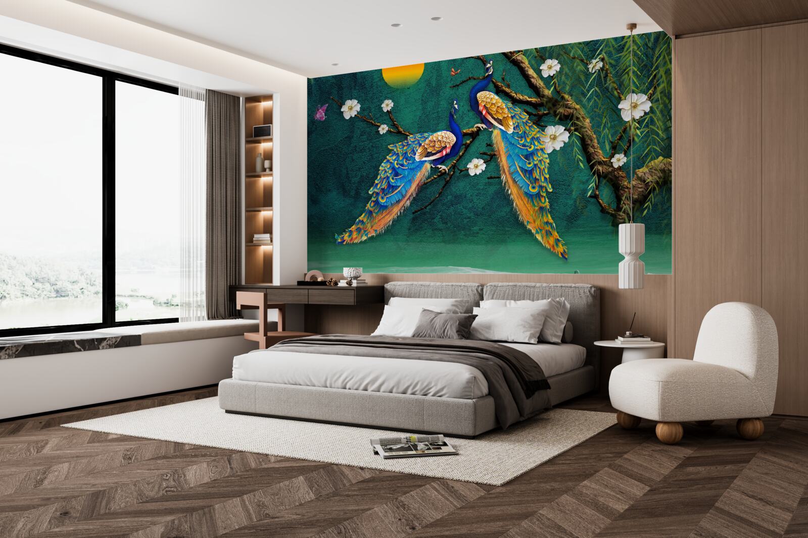 Fotobehang bij zonsondergang maken pauwen roepende geluiden