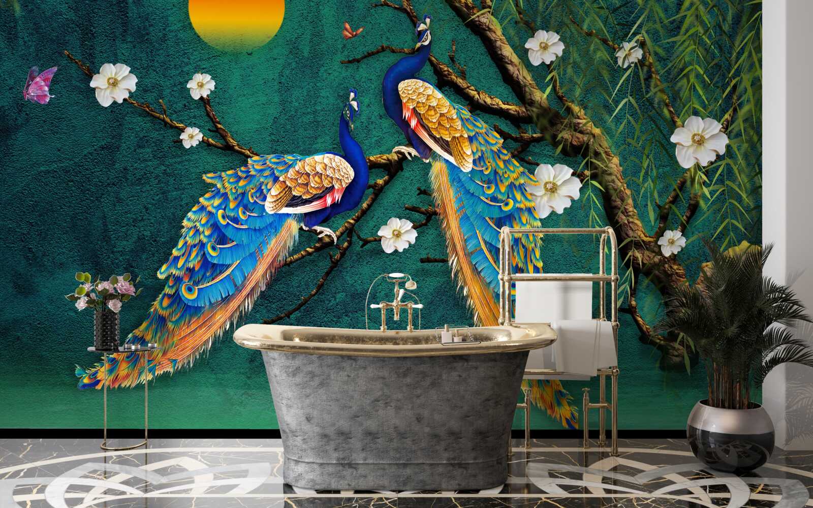 Fotobehang bij zonsondergang maken pauwen roepende geluiden