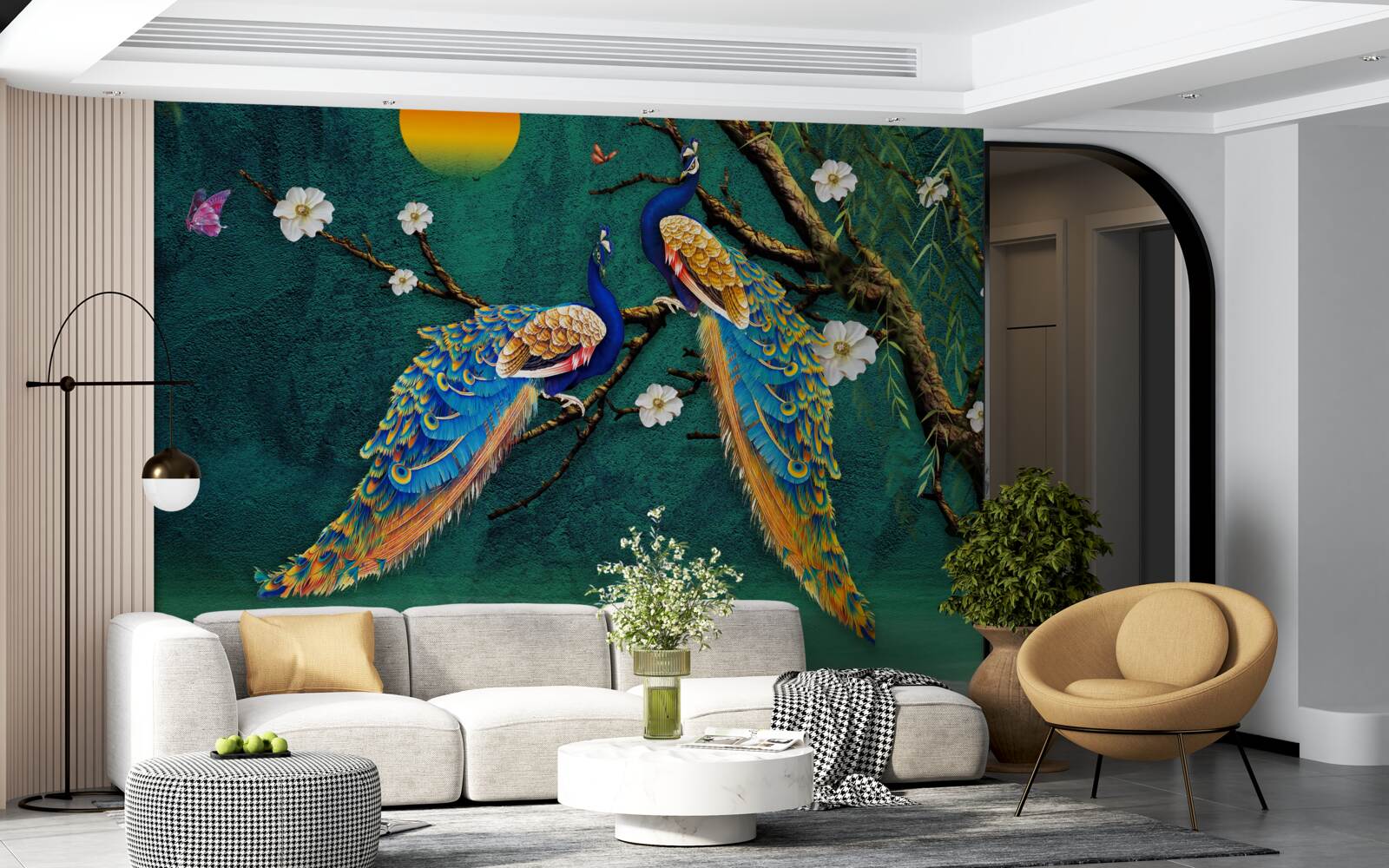 Fotobehang bij zonsondergang maken pauwen roepende geluiden