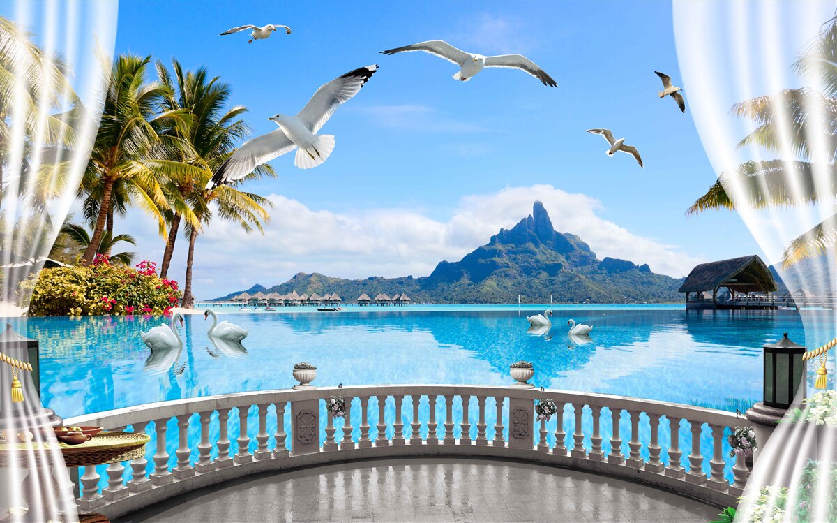 Fotobehang terras met uitzicht op de bergen en de vijver