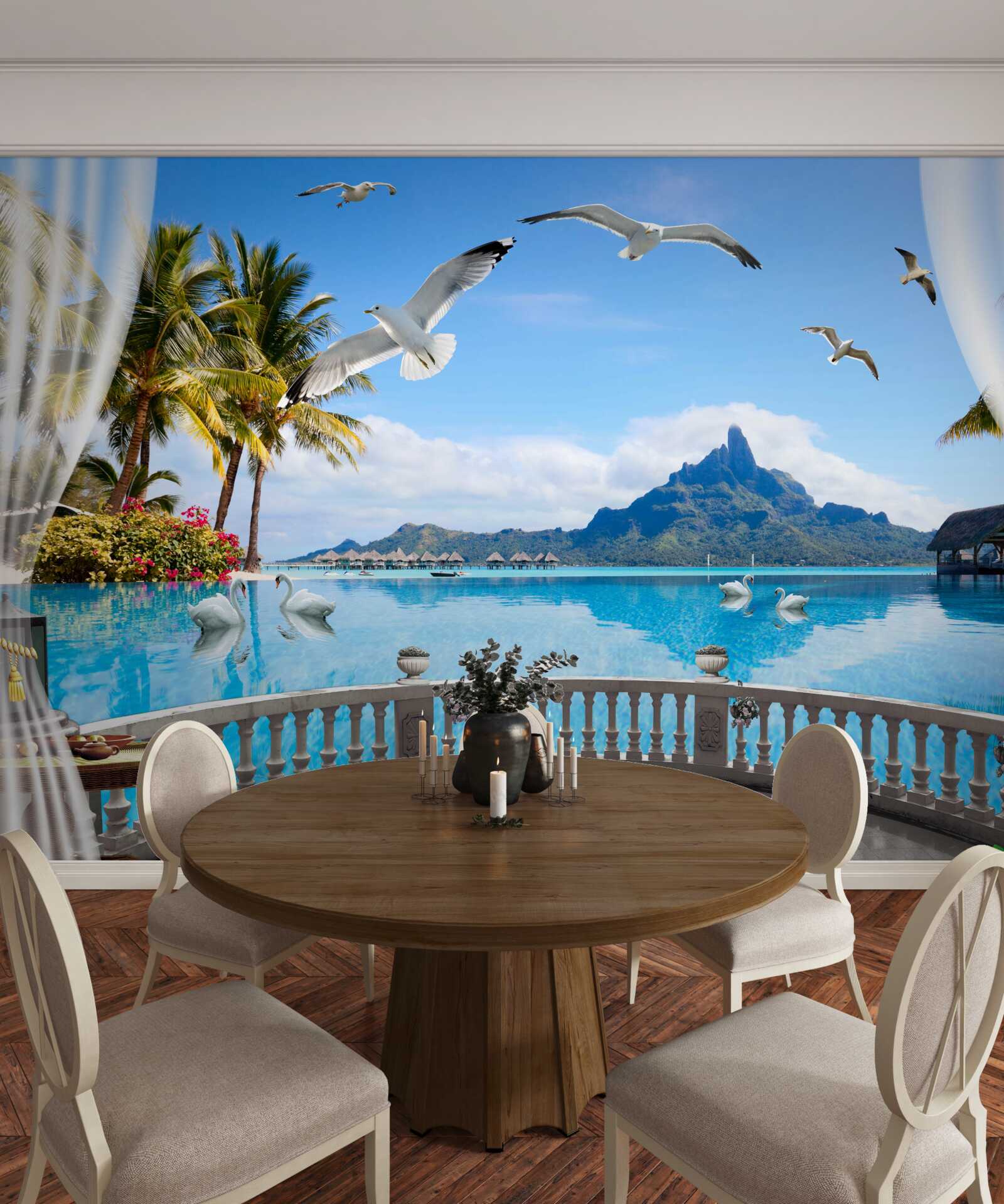 Fotobehang terras met uitzicht op de bergen en de vijver