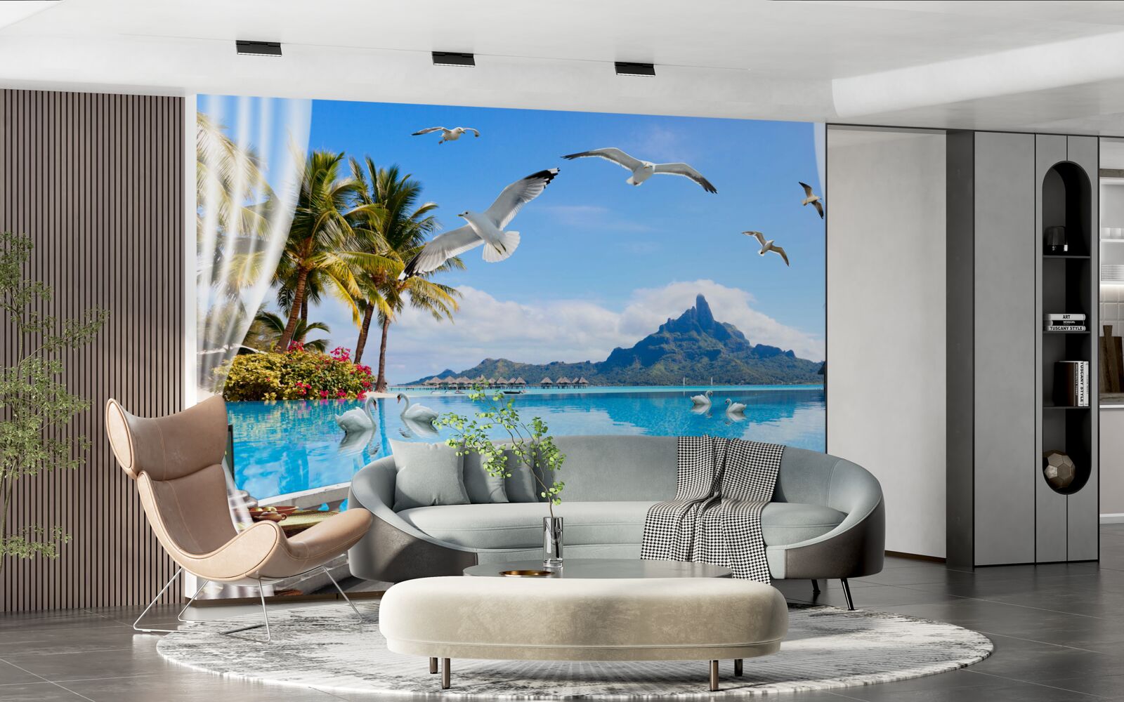 Fotobehang terras met uitzicht op de bergen en de vijver