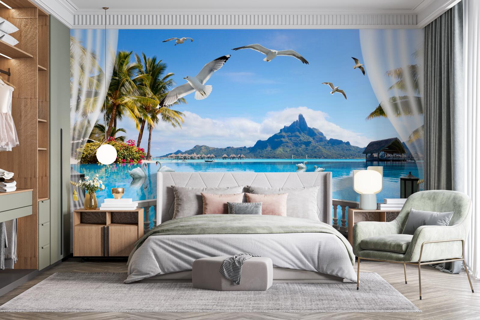 Fotobehang terras met uitzicht op de bergen en de vijver