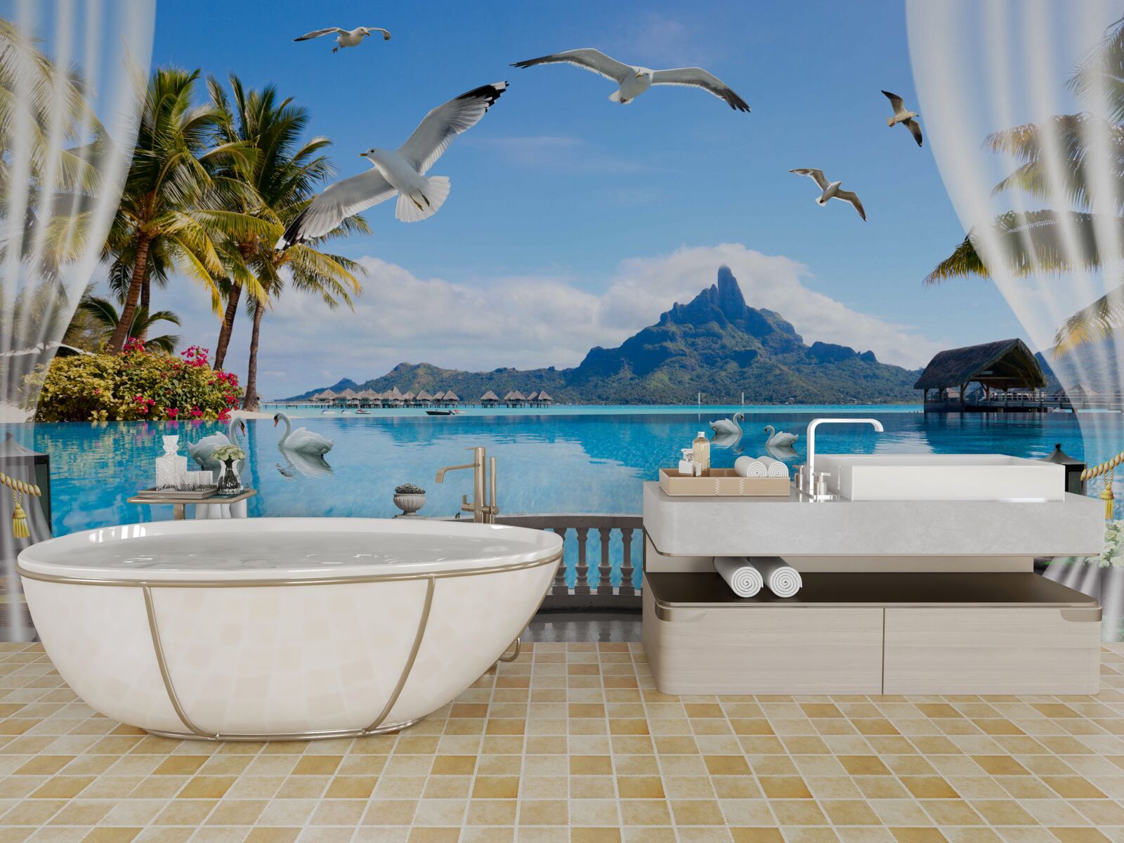 Fotobehang terras met uitzicht op de bergen en de vijver