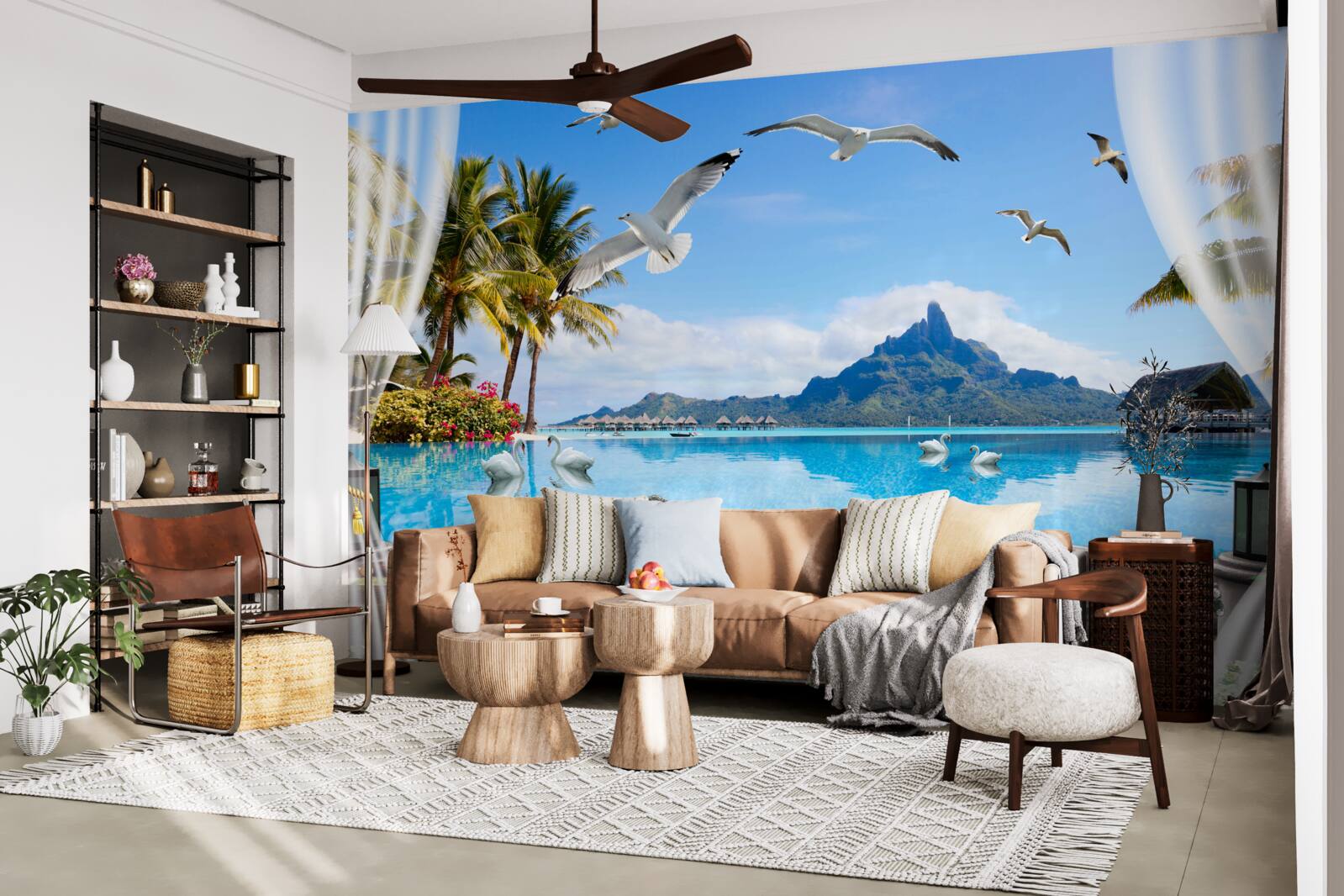 Fotobehang terras met uitzicht op de bergen en de vijver