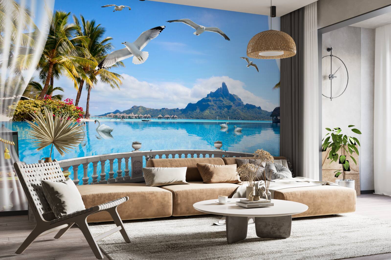 Fotobehang terras met uitzicht op de bergen en de vijver