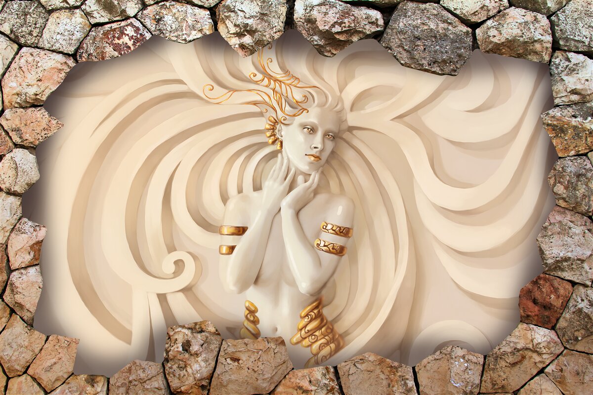 Fotobehang afbeelding van een meisje met lang haar en goud in een steen