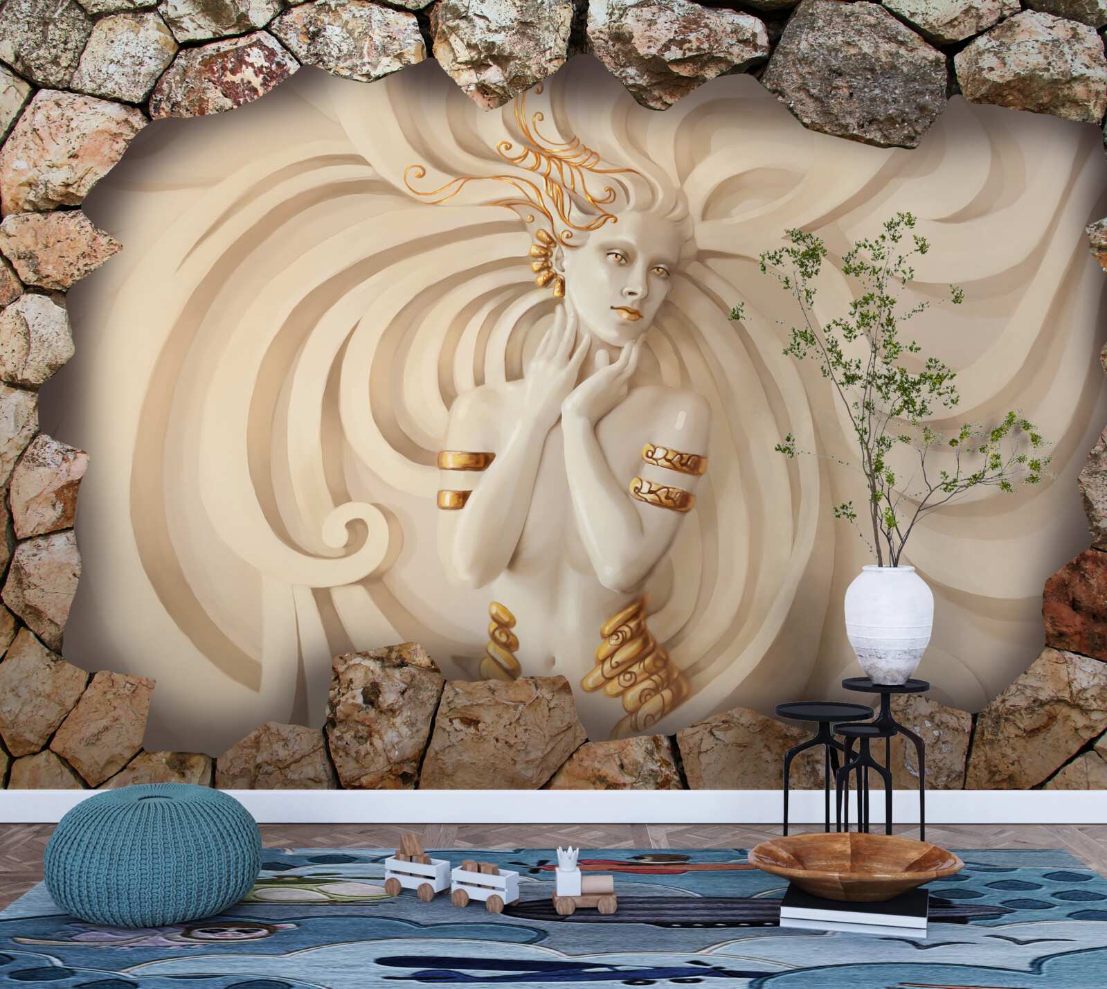 Fotobehang afbeelding van een meisje met lang haar en goud in een steen